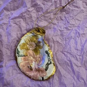 Hand-crafted Floral Oyster Shell Ornament in Gold, Pink, Green